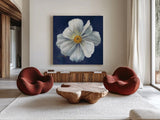 Boldest Bloom I Dark Blue by Danhui Nai. Shown as extra-large giant wall art in a modern living room. Available as an archival giclee rolled canvas, fine art paper, or poster print. SKU 66621a.