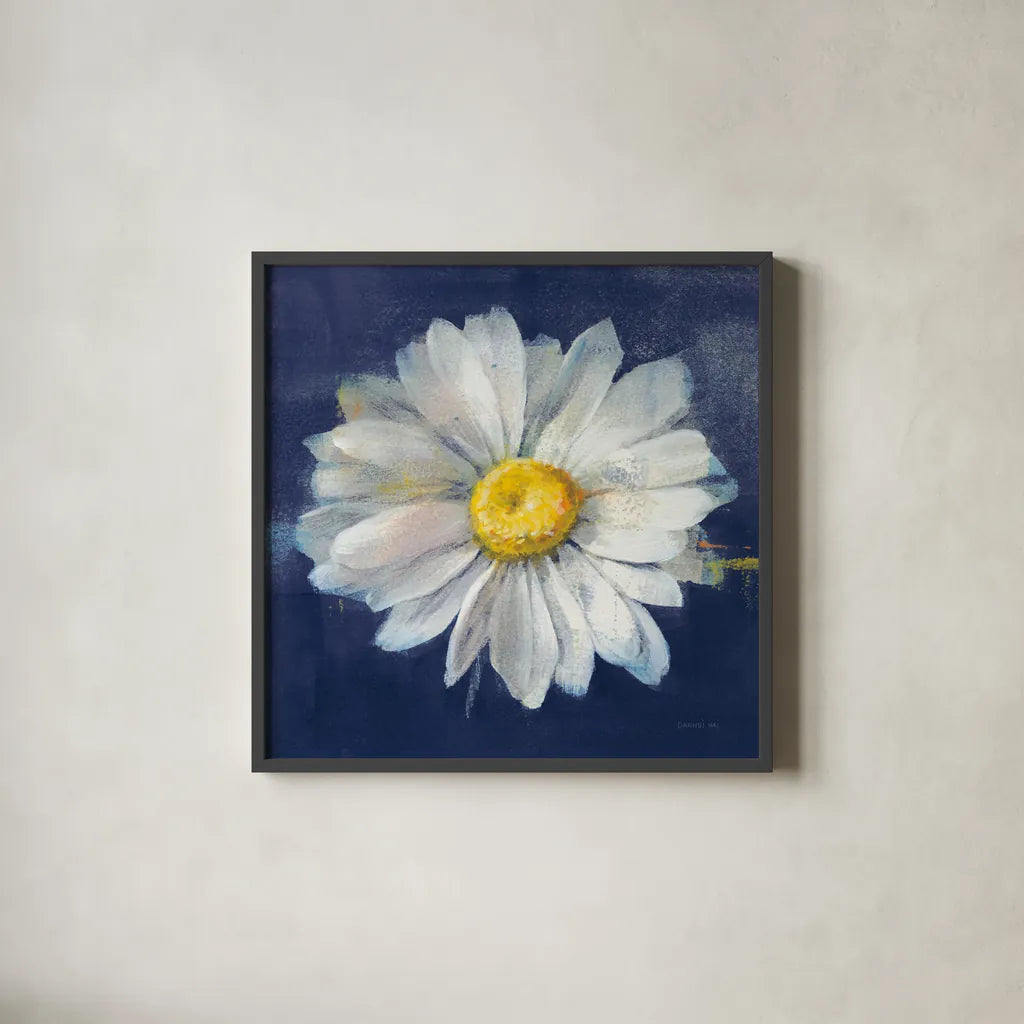 Boldest Bloom II Dark Blue by Danhui Nai. Shown in a sleek black glass frame for a contemporary gallery look. Available as an archival giclee rolled canvas, fine art paper, or poster print. SKU 66622a.