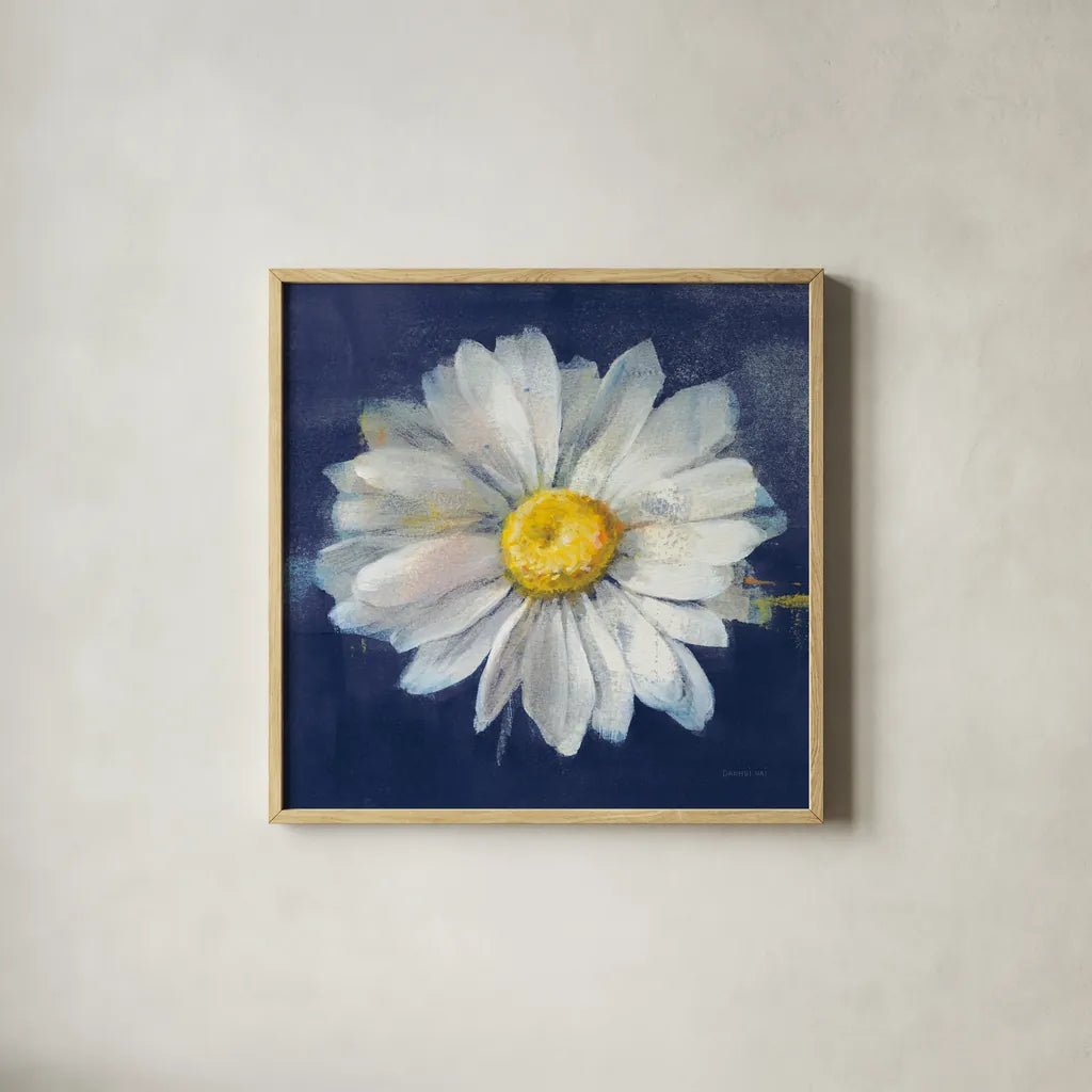 Boldest Bloom II Dark Blue by Danhui Nai. Shown in a natural wood glass frame for a timeless modern aesthetic. Available as an archival giclee rolled canvas, fine art paper, or poster print. SKU 66622a.