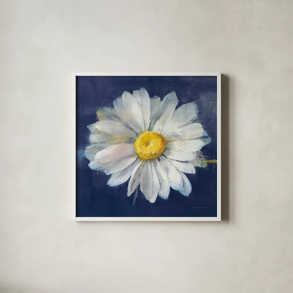 Boldest Bloom II Dark Blue by Danhui Nai. Shown in a crisp white glass frame for a clean and minimalist style. Available as an archival giclee rolled canvas, fine art paper, or poster print. SKU 66622a.