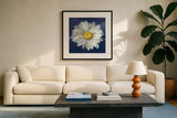 Boldest Bloom II Dark Blue by Danhui Nai. Displayed in a glass frame with matte in a clean modern living room. Available as an archival giclee rolled canvas, fine art paper, or poster print. SKU 66622a.