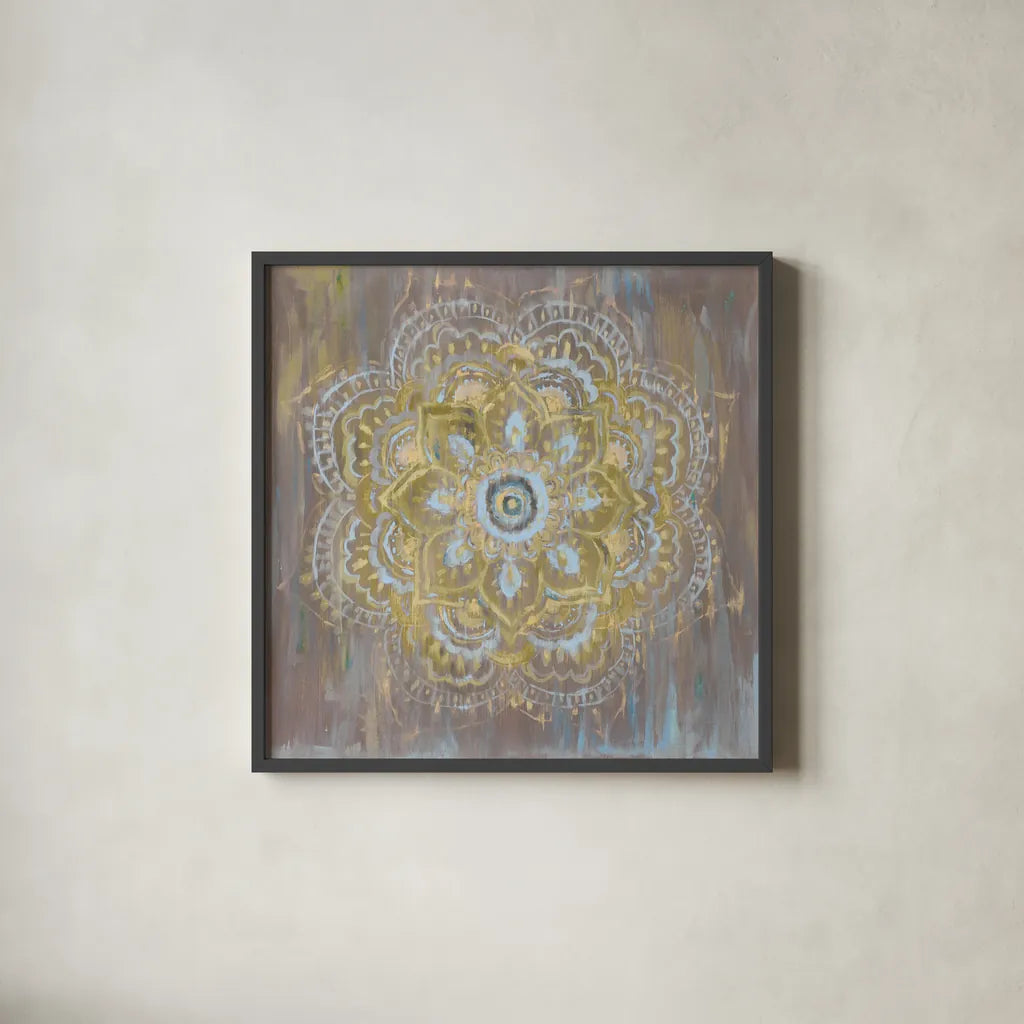 Bombay Bohemian Dark Neutral by Danhui Nai. Shown in a sleek black glass frame for a contemporary gallery look. Available as an archival giclee rolled canvas, fine art paper, or poster print. SKU 37383a.