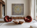 Bombay Bohemian Dark Neutral by Danhui Nai. Shown as extra-large giant wall art in a modern living room. Available as an archival giclee rolled canvas, fine art paper, or poster print. SKU 37383a.