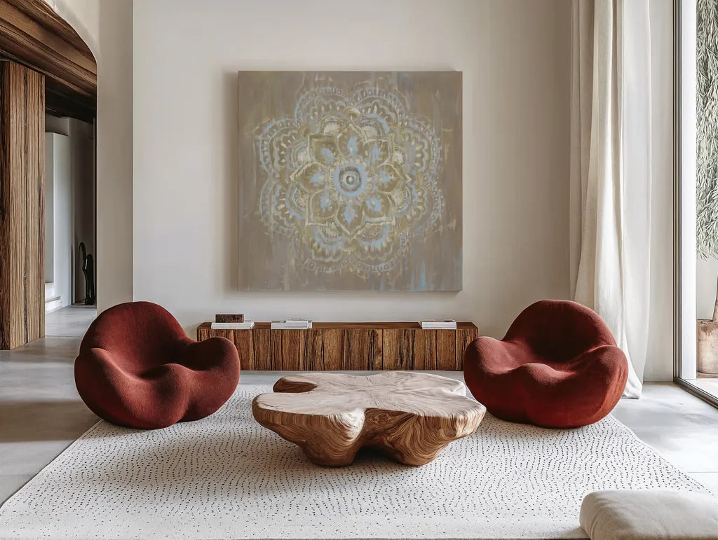 Bombay Bohemian Light Neutral by Danhui Nai. Shown as extra-large giant wall art in a modern living room. Available as an archival giclee rolled canvas, fine art paper, or poster print. SKU 37382a.
