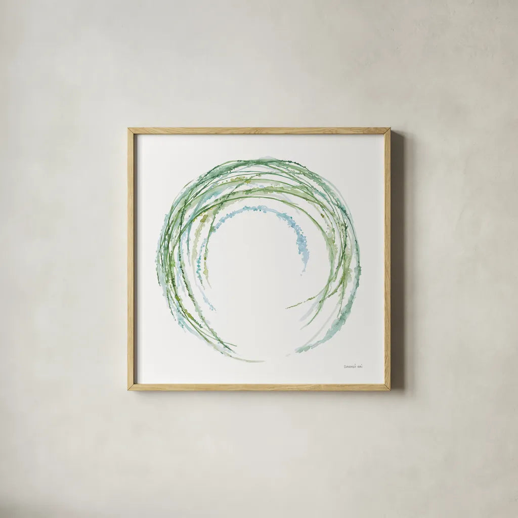 Botanical Halo II by Danhui Nai. Shown in a natural wood glass frame for a timeless modern aesthetic. Available as an archival giclee rolled canvas, fine art paper, or poster print. SKU 85379a.