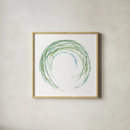 Botanical Halo II by Danhui Nai. Shown in a natural wood glass frame for a timeless modern aesthetic. Available as an archival giclee rolled canvas, fine art paper, or poster print. SKU 85379a.