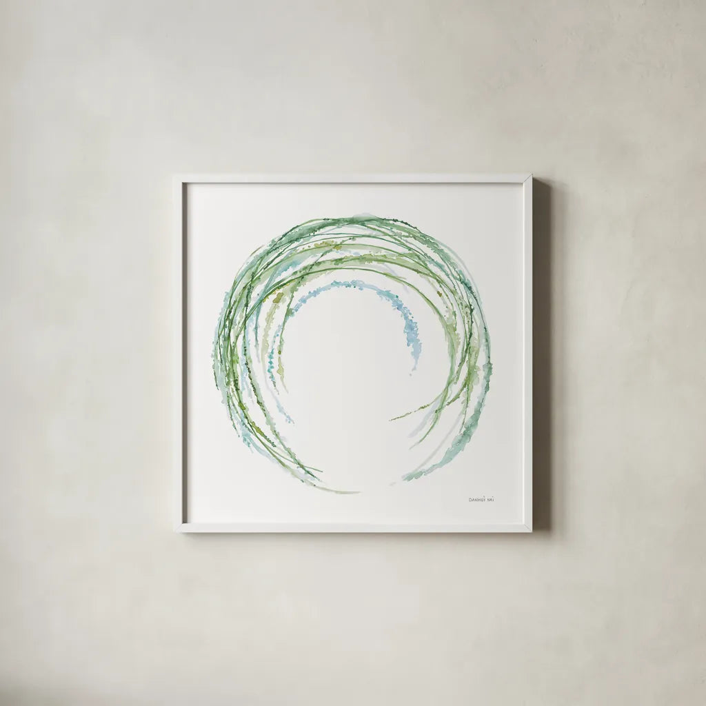 Botanical Halo II by Danhui Nai. Shown in a crisp white glass frame for a clean and minimalist style. Available as an archival giclee rolled canvas, fine art paper, or poster print. SKU 85379a.