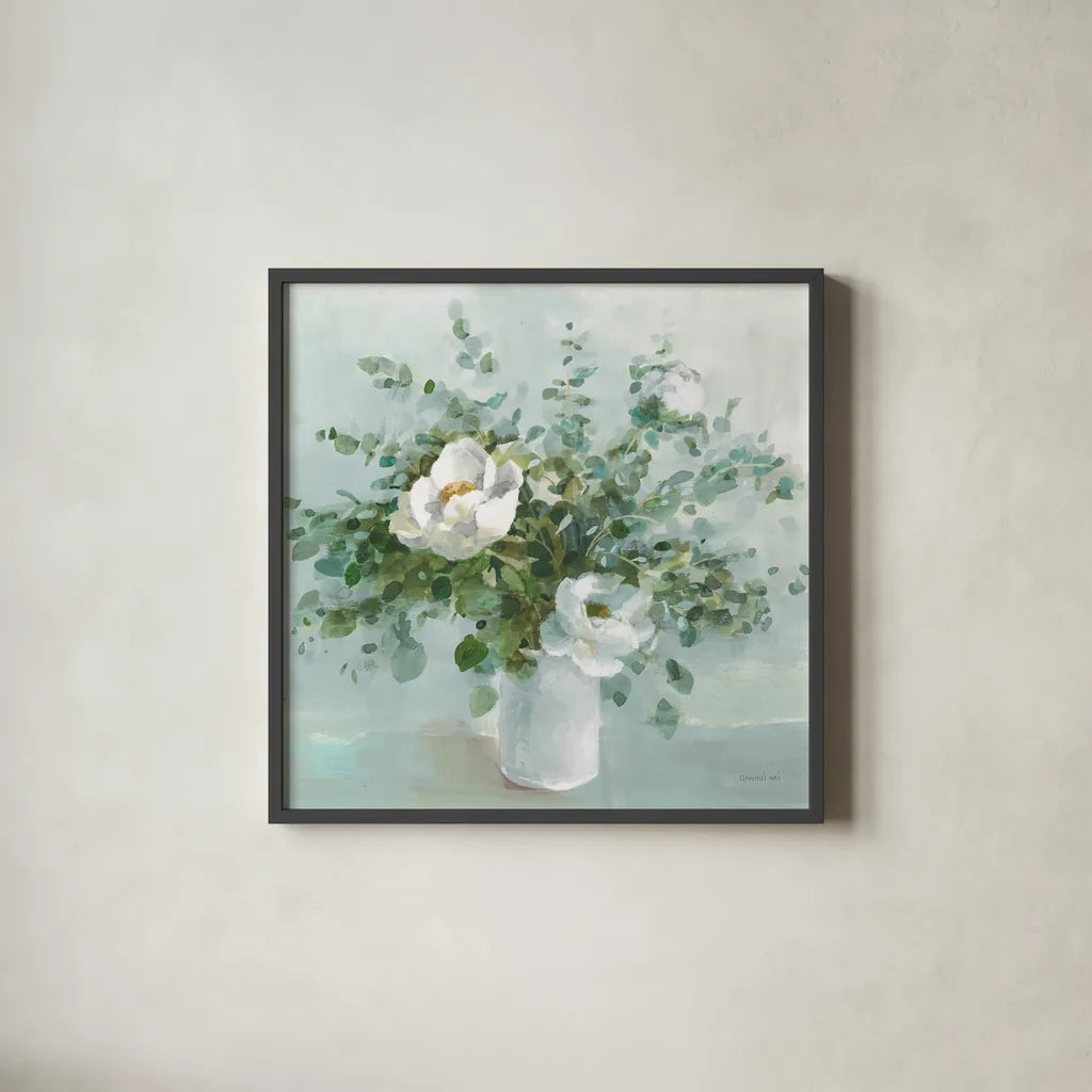 Bouquet Charm Crop by Danhui Nai. Shown in a sleek black glass frame for a contemporary gallery look. Available as an archival giclee rolled canvas, fine art paper, or poster print. SKU 78203a.