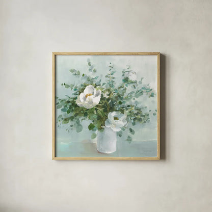 Bouquet Charm Crop by Danhui Nai. Shown in a natural wood glass frame for a timeless modern aesthetic. Available as an archival giclee rolled canvas, fine art paper, or poster print. SKU 78203a.