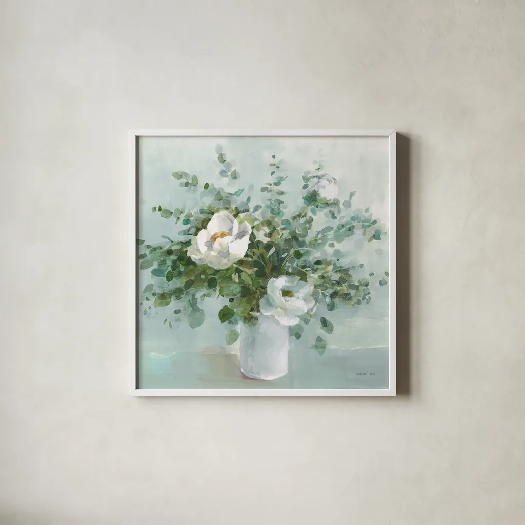 Bouquet Charm Crop by Danhui Nai. Shown in a crisp white glass frame for a clean and minimalist style. Available as an archival giclee rolled canvas, fine art paper, or poster print. SKU 78203a.