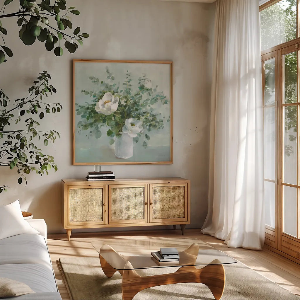 Bouquet Charm Crop by Danhui Nai. Shown in a natural wood frame in a cozy modern living room. Available as an archival giclee rolled canvas, fine art paper, or poster print. SKU 78203a.