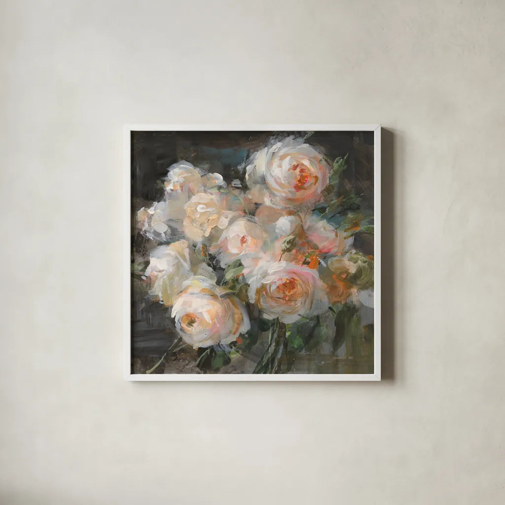 Braderie Roses by Danhui Nai. Shown in a crisp white glass frame for a clean and minimalist style. Available as an archival giclee rolled canvas, fine art paper, or poster print. SKU 81097a.