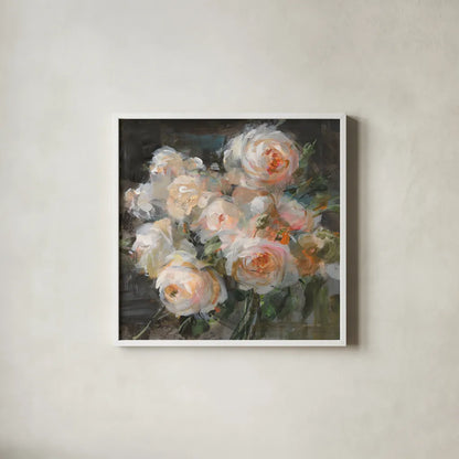 Braderie Roses by Danhui Nai. Shown in a crisp white glass frame for a clean and minimalist style. Available as an archival giclee rolled canvas, fine art paper, or poster print. SKU 81097a.