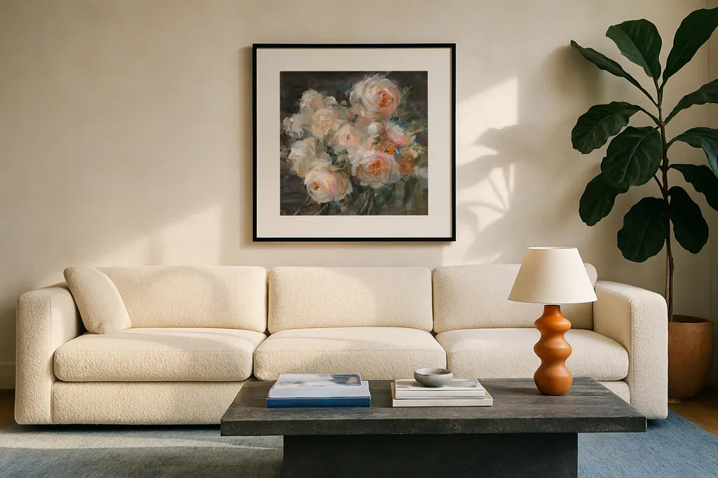 Braderie Roses by Danhui Nai. Displayed in a glass frame with matte in a clean modern living room. Available as an archival giclee rolled canvas, fine art paper, or poster print. SKU 81097a.