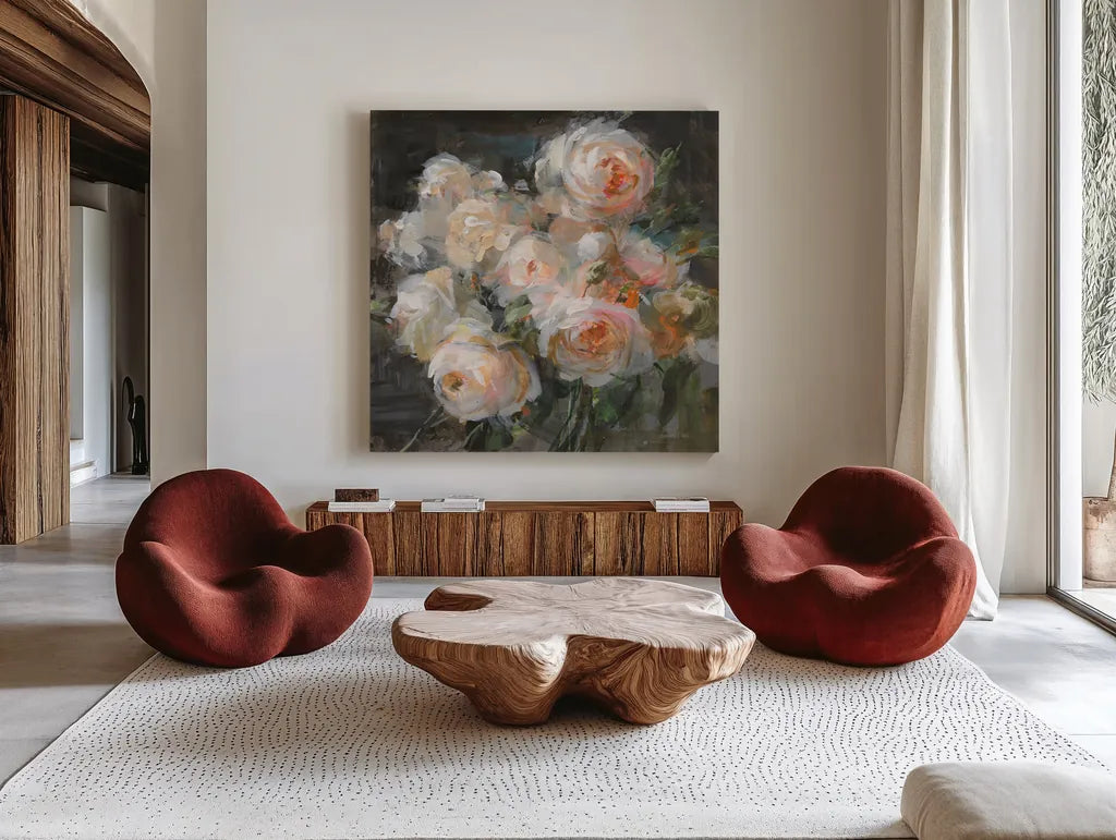 Braderie Roses by Danhui Nai. Shown as extra-large giant wall art in a modern living room. Available as an archival giclee rolled canvas, fine art paper, or poster print. SKU 81097a.