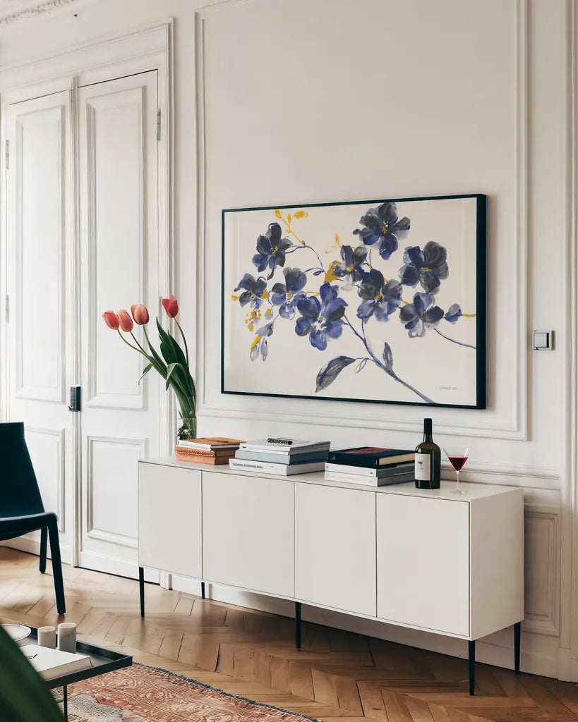 Branching Outward by Danhui Nai. shown as a framed stretched canvas in a living room above a console. Available as a archival giclee rolled canvas, fine art paper, or poster print. SKU 75561i.
