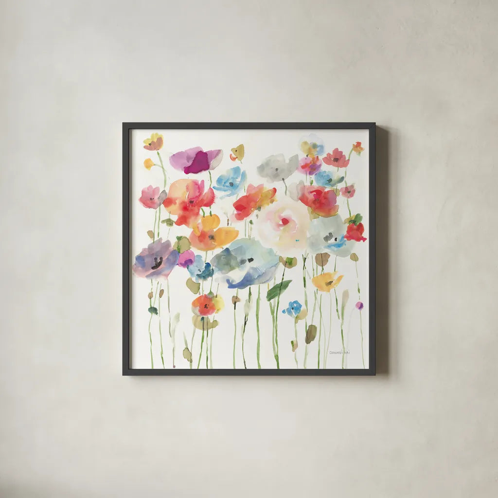 Bright Day Blooming by Danhui Nai. Shown in a sleek black glass frame for a contemporary gallery look. Available as an archival giclee rolled canvas, fine art paper, or poster print. SKU 78542a.