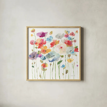 Bright Day Blooming by Danhui Nai. Shown in a natural wood glass frame for a timeless modern aesthetic. Available as an archival giclee rolled canvas, fine art paper, or poster print. SKU 78542a.