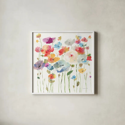Bright Day Blooming by Danhui Nai. Shown in a crisp white glass frame for a clean and minimalist style. Available as an archival giclee rolled canvas, fine art paper, or poster print. SKU 78542a.