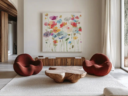 Bright Day Blooming by Danhui Nai. Shown as extra-large giant wall art in a modern living room. Available as an archival giclee rolled canvas, fine art paper, or poster print. SKU 78542a.