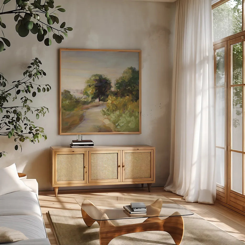 Bright Eucalyptus Trail by Danhui Nai. Shown in a natural wood frame in a cozy modern living room. Available as an archival giclee rolled canvas, fine art paper, or poster print. SKU 68928a.