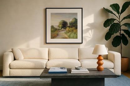 Bright Eucalyptus Trail by Danhui Nai. Displayed in a glass frame with matte in a clean modern living room. Available as an archival giclee rolled canvas, fine art paper, or poster print. SKU 68928a.