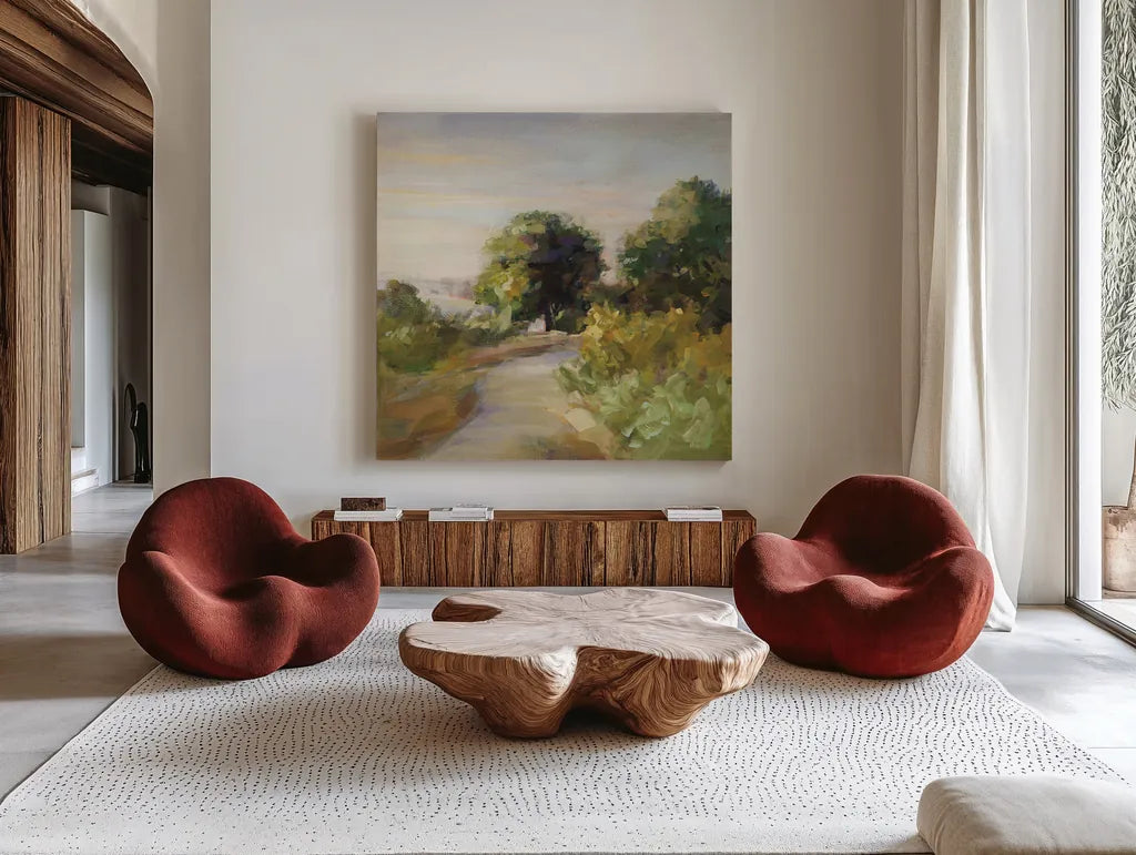 Bright Eucalyptus Trail by Danhui Nai. Shown as extra-large giant wall art in a modern living room. Available as an archival giclee rolled canvas, fine art paper, or poster print. SKU 68928a.