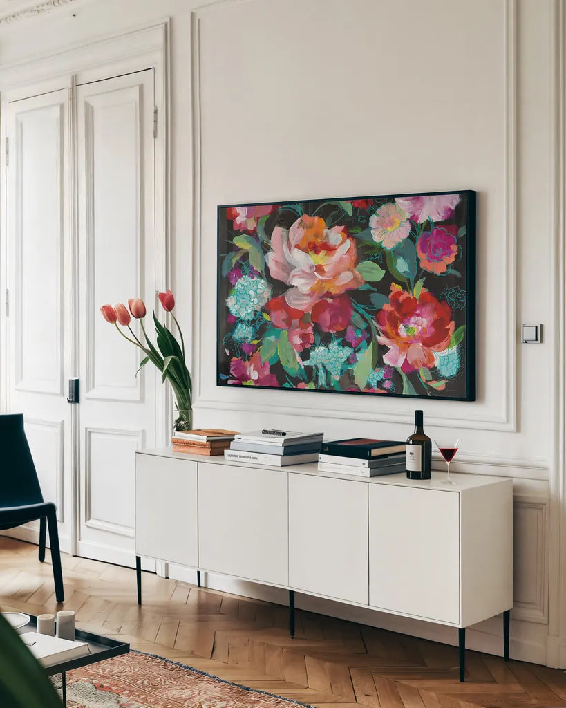 Bright Floral Medley Crop by Danhui Nai. shown as a framed stretched canvas in a living room above a console. Available as a archival giclee rolled canvas, fine art paper, or poster print. SKU 31267i.
