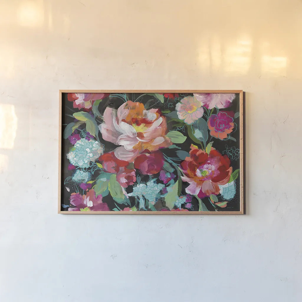 Bright Floral Medley Crop by Danhui Nai. shown as a paper print in a natural frame. Available as a archival giclee rolled canvas, fine art paper, or poster print. SKU 31267i.