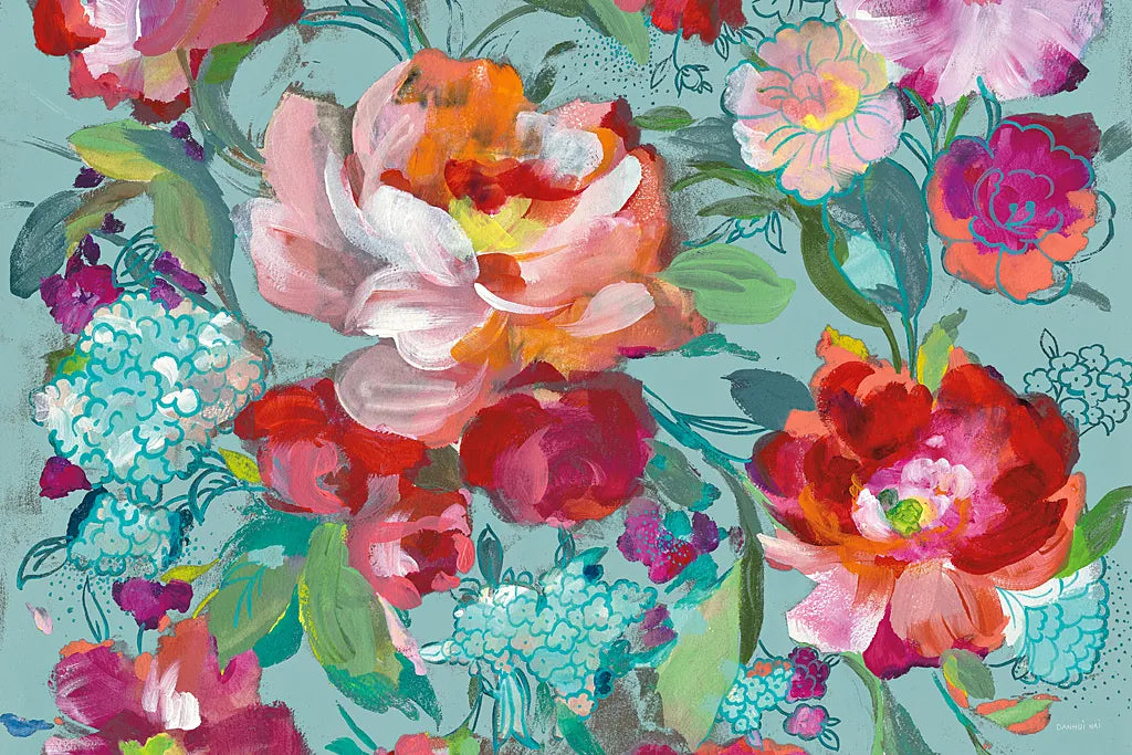 Bright Floral Medley Crop Turquoise by Danhui Nai. SKU 33272i. Archival Giclee Fine art print for wall decor.