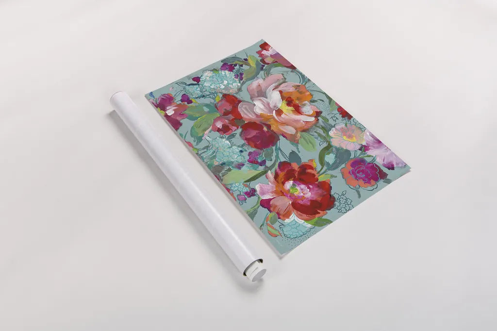 Bright Floral Medley Crop Turquoise by Danhui Nai. shown as a rolled paper print. Available as archival giclee rolled canvas, fine art paper, or poster print. SKU 33272i.