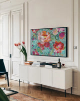 Bright Floral Medley Crop Turquoise by Danhui Nai. shown as a framed stretched canvas in a living room above a console. Available as a archival giclee rolled canvas, fine art paper, or poster print. SKU 33272i.