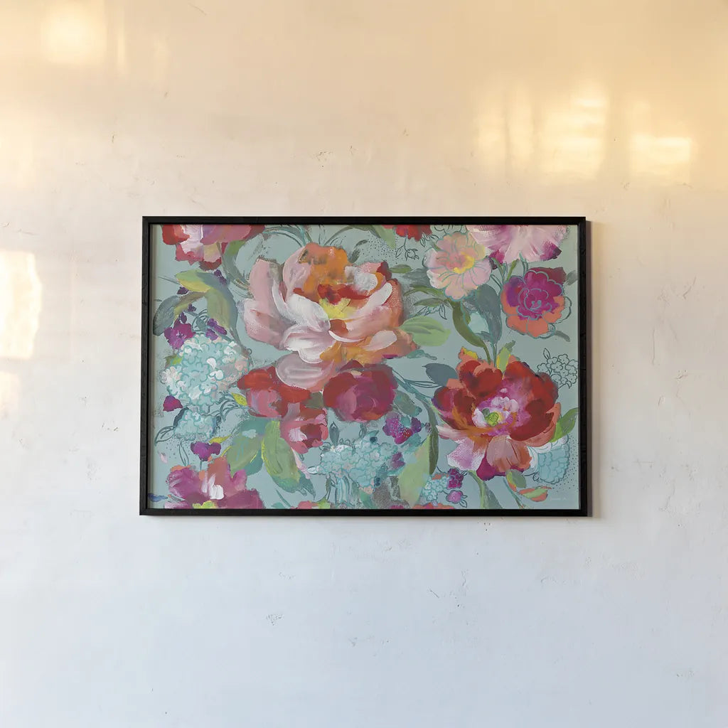 Bright Floral Medley Crop Turquoise by Danhui Nai. shown as a paper print in a black flame. Available as a archival giclee rolled canvas, fine art paper, or poster print. SKU 33272i.