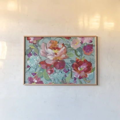 Bright Floral Medley Crop Turquoise by Danhui Nai. shown as a paper print in a natural frame. Available as a archival giclee rolled canvas, fine art paper, or poster print. SKU 33272i.