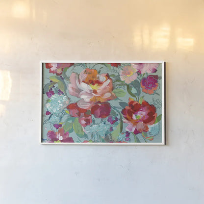 Bright Floral Medley Crop Turquoise by Danhui Nai. shown as a paper print in a white frame. Available as a archival giclee rolled canvas, fine art paper, or poster print. SKU 33272i.