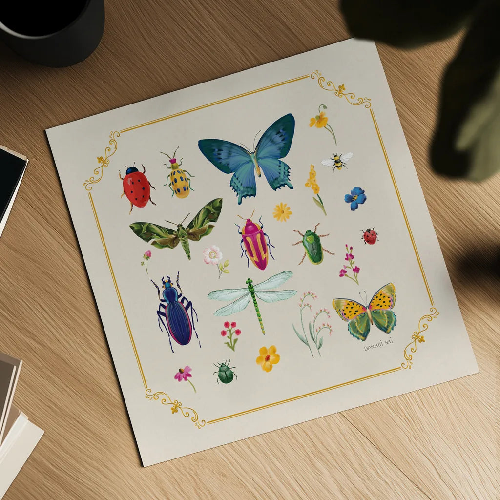 Bright Insects by Danhui Nai. Shown as a detailed flat fine art print, highlighting archival giclee quality. Available as an archival giclee rolled canvas, fine art paper, or poster print. SKU 90517a.