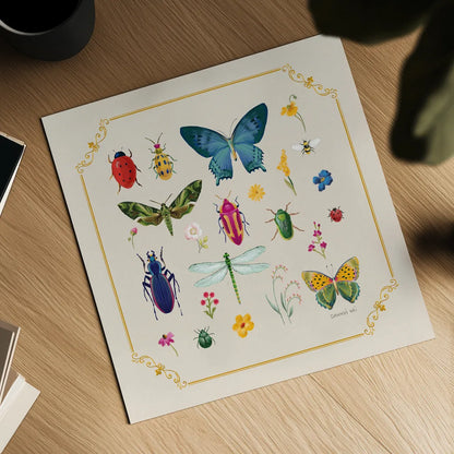 Bright Insects by Danhui Nai. Shown as a detailed flat fine art print, highlighting archival giclee quality. Available as an archival giclee rolled canvas, fine art paper, or poster print. SKU 90517a.