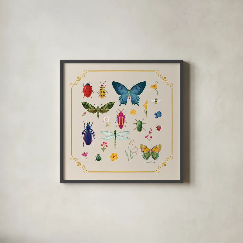 Bright Insects by Danhui Nai. Shown in a sleek black glass frame for a contemporary gallery look. Available as an archival giclee rolled canvas, fine art paper, or poster print. SKU 90517a.