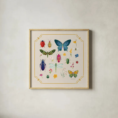 Bright Insects by Danhui Nai. Shown in a natural wood glass frame for a timeless modern aesthetic. Available as an archival giclee rolled canvas, fine art paper, or poster print. SKU 90517a.