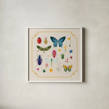 Bright Insects by Danhui Nai. Shown in a crisp white glass frame for a clean and minimalist style. Available as an archival giclee rolled canvas, fine art paper, or poster print. SKU 90517a.