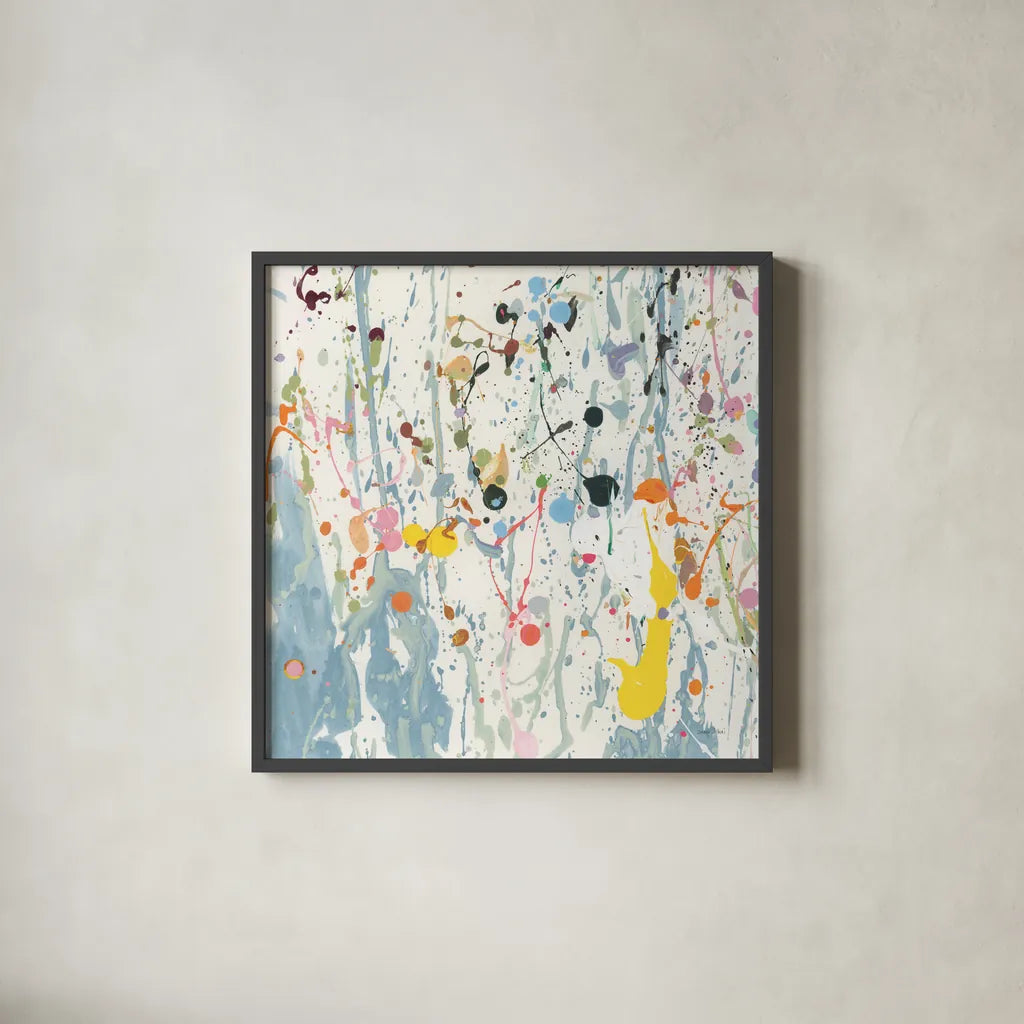 Bright Splatter by Danhui Nai. Shown in a sleek black glass frame for a contemporary gallery look. Available as an archival giclee rolled canvas, fine art paper, or poster print. SKU 96936a.