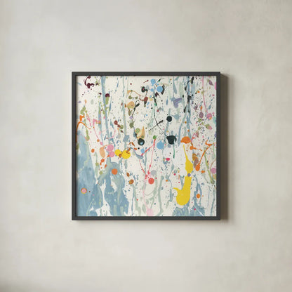 Bright Splatter by Danhui Nai. Shown in a sleek black glass frame for a contemporary gallery look. Available as an archival giclee rolled canvas, fine art paper, or poster print. SKU 96936a.