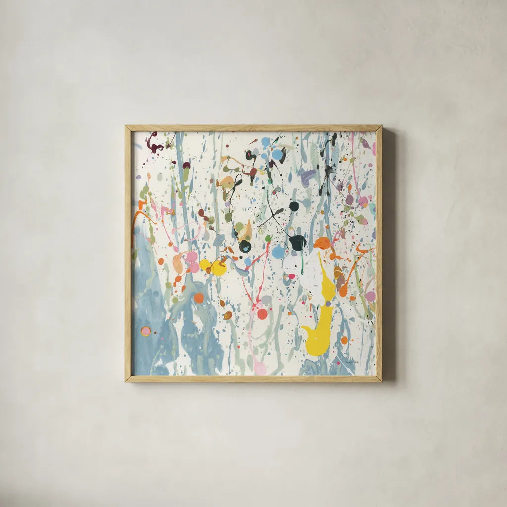 Bright Splatter by Danhui Nai. Shown in a natural wood glass frame for a timeless modern aesthetic. Available as an archival giclee rolled canvas, fine art paper, or poster print. SKU 96936a.