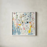 Bright Splatter by Danhui Nai. Shown in a crisp white glass frame for a clean and minimalist style. Available as an archival giclee rolled canvas, fine art paper, or poster print. SKU 96936a.