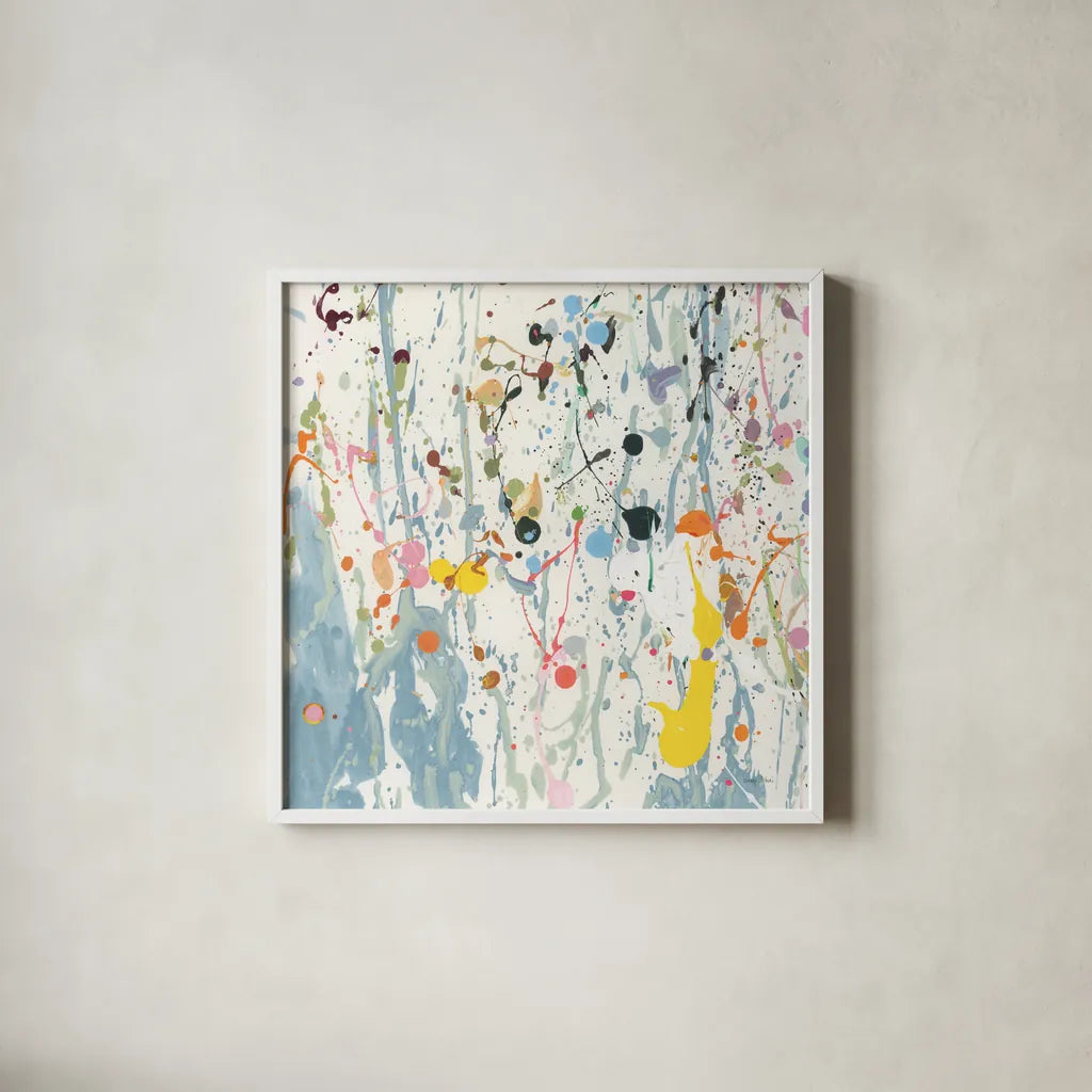 Bright Splatter by Danhui Nai. Shown in a crisp white glass frame for a clean and minimalist style. Available as an archival giclee rolled canvas, fine art paper, or poster print. SKU 96936a.