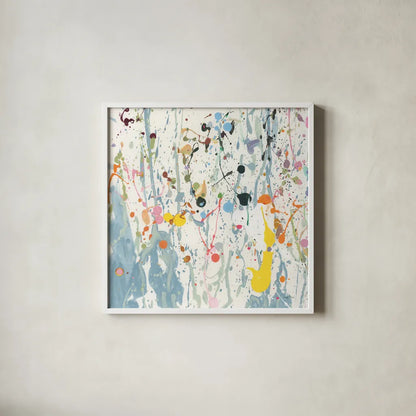 Bright Splatter by Danhui Nai. Shown in a crisp white glass frame for a clean and minimalist style. Available as an archival giclee rolled canvas, fine art paper, or poster print. SKU 96936a.