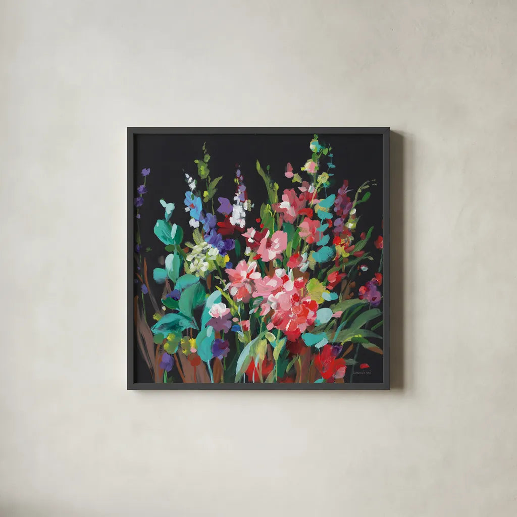Brightness Flowering by Danhui Nai. Shown in a sleek black glass frame for a contemporary gallery look. Available as an archival giclee rolled canvas, fine art paper, or poster print. SKU 79302a.