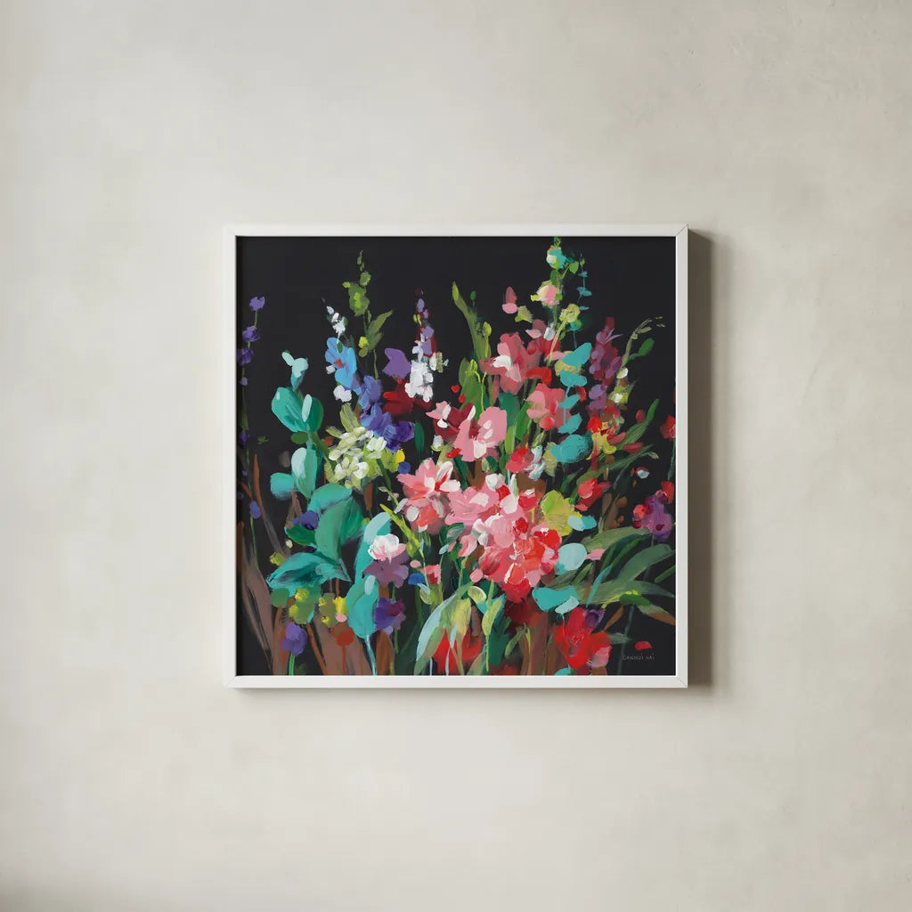 Brightness Flowering by Danhui Nai. Shown in a crisp white glass frame for a clean and minimalist style. Available as an archival giclee rolled canvas, fine art paper, or poster print. SKU 79302a.