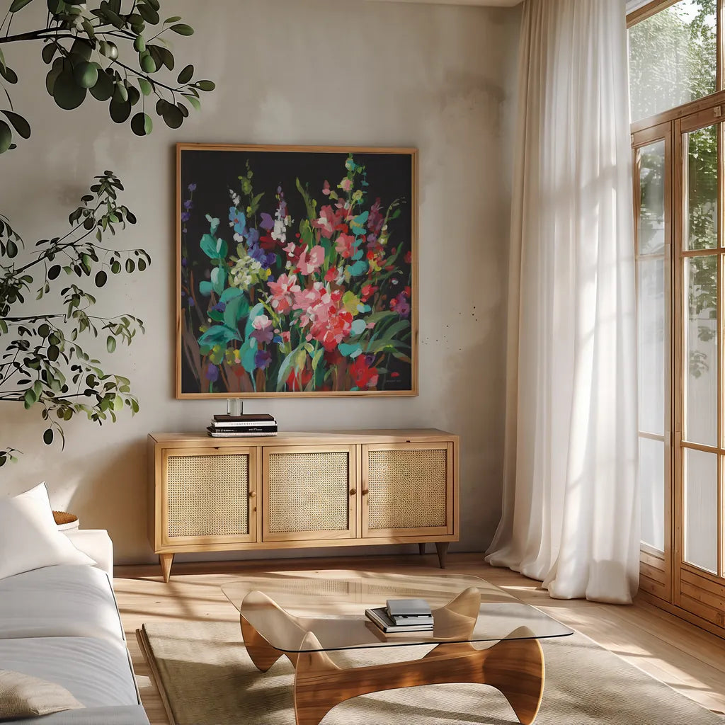 Brightness Flowering by Danhui Nai. Shown in a natural wood frame in a cozy modern living room. Available as an archival giclee rolled canvas, fine art paper, or poster print. SKU 79302a.