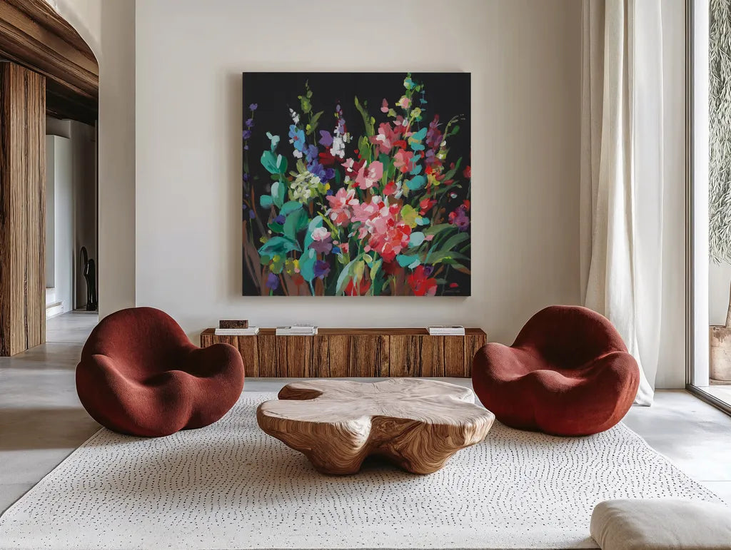 Brightness Flowering by Danhui Nai. Shown as extra-large giant wall art in a modern living room. Available as an archival giclee rolled canvas, fine art paper, or poster print. SKU 79302a.